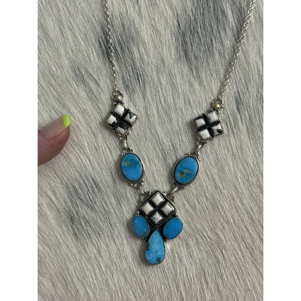 Sterling Silver Blue Kingman Turquoise White Buffalo Nugget Cluster Necklace 21” - Picture 16 of 16